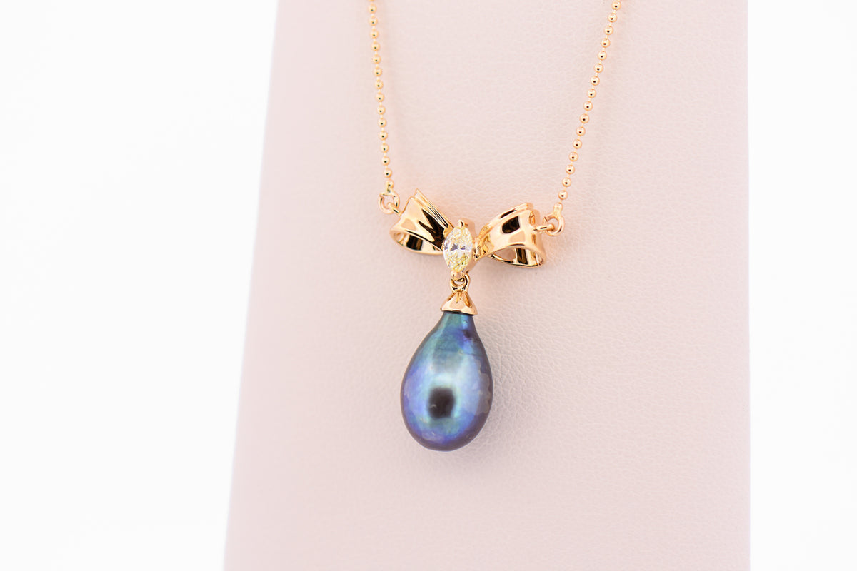 Tahitian Pearl & Yellow Diamond Bow Necklace in 14k Yellow Gold