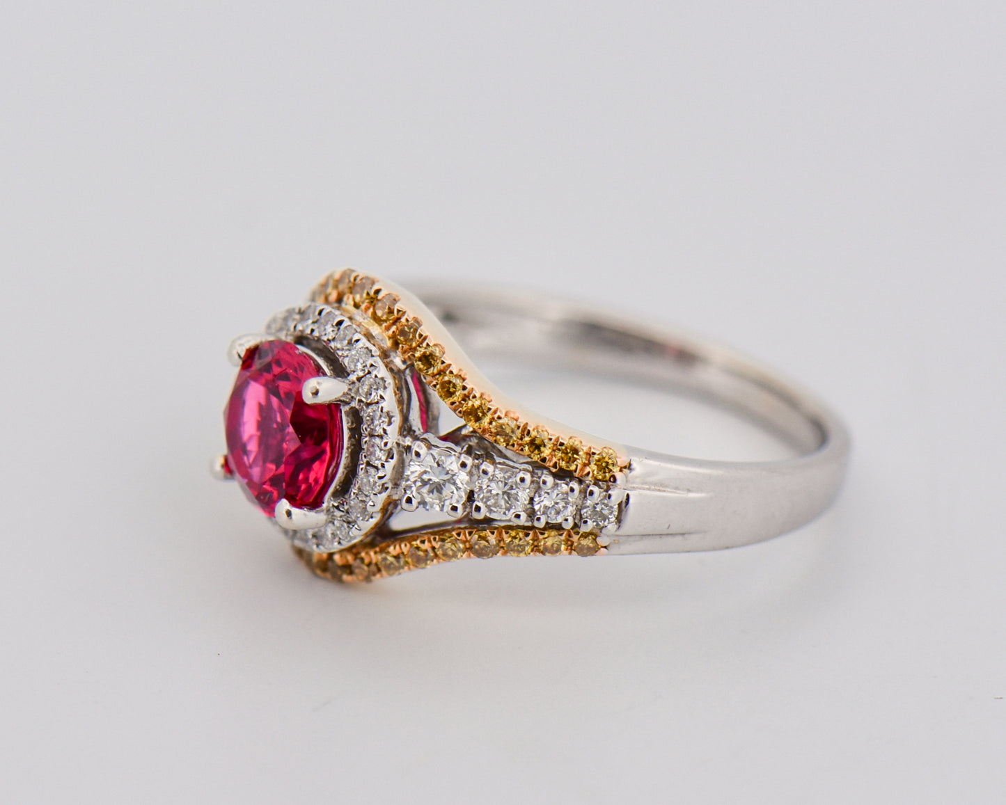 Neon Tanzanian Mahenge Pink Spinel & Yellow Diamond Ring