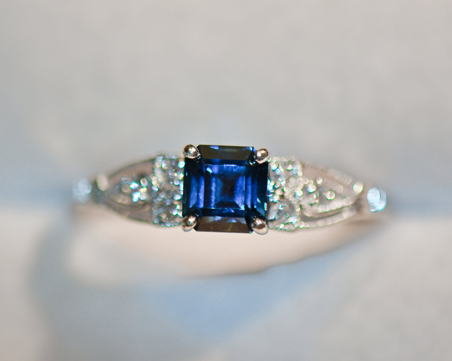 Teal Blue Sapphire Ring 18kw s1.65ct asscher d.12ct