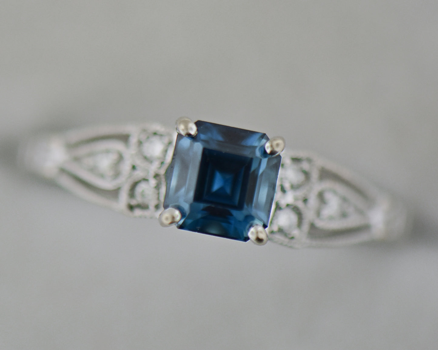 Teal Blue Sapphire Ring 18kw s1.65ct asscher d.12ct