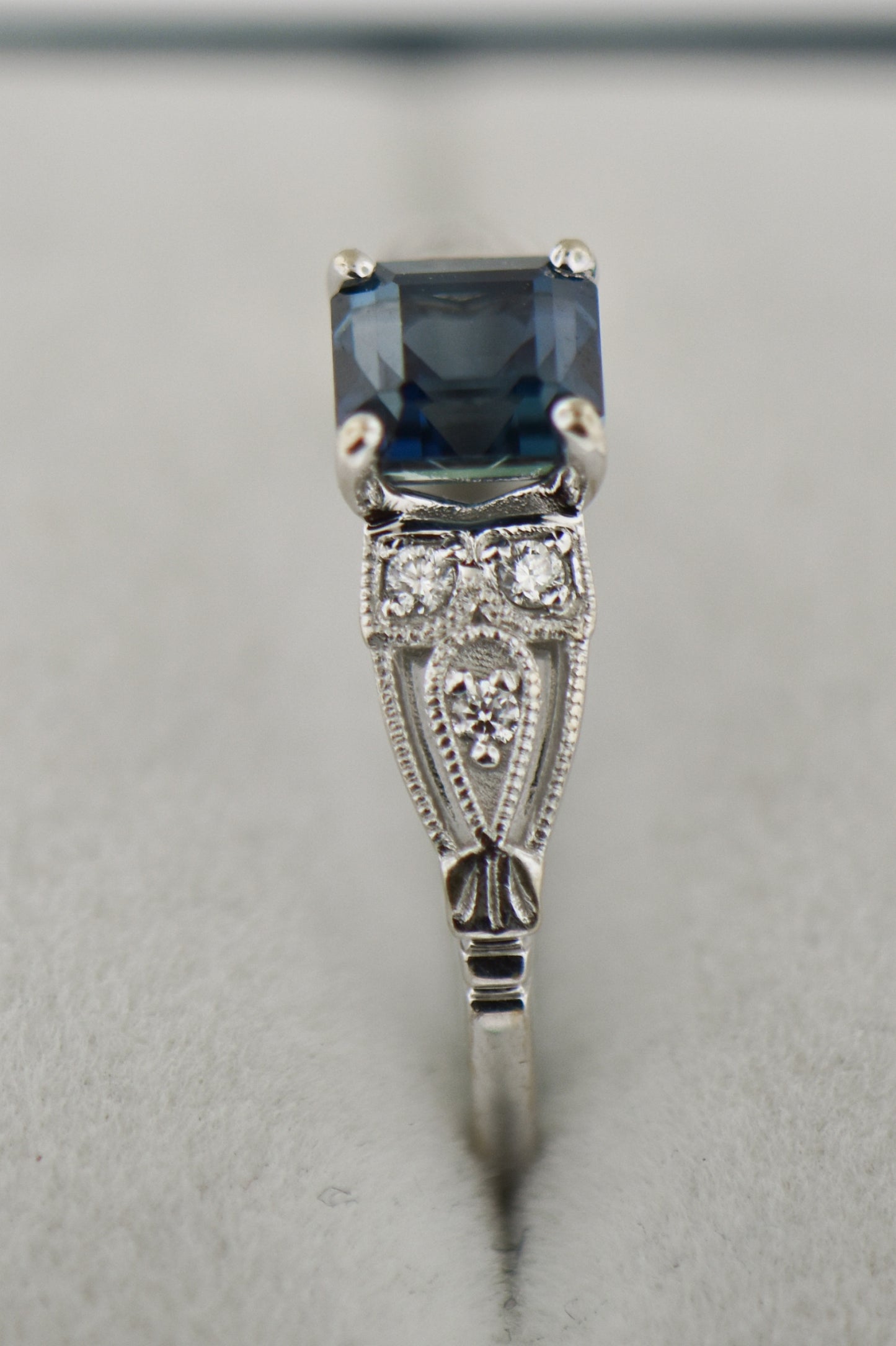 Teal Blue Sapphire Ring 18kw s1.65ct asscher d.12ct