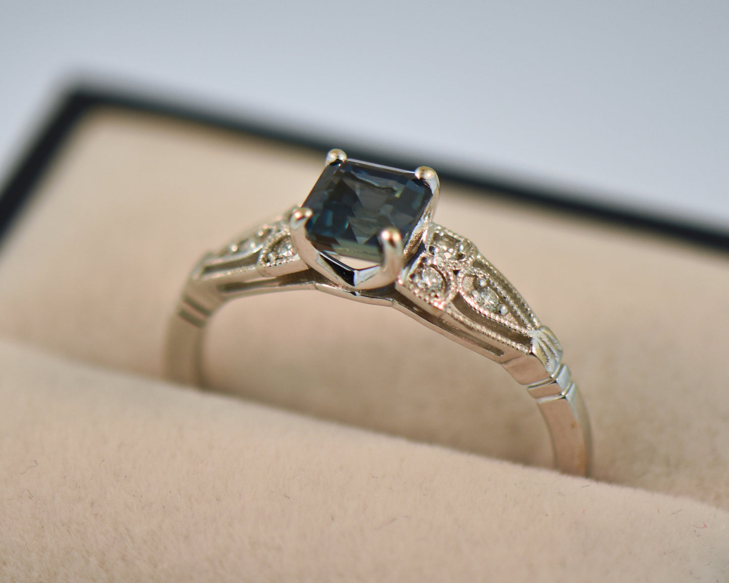 Teal Blue Sapphire Ring 18kw s1.65ct asscher d.12ct