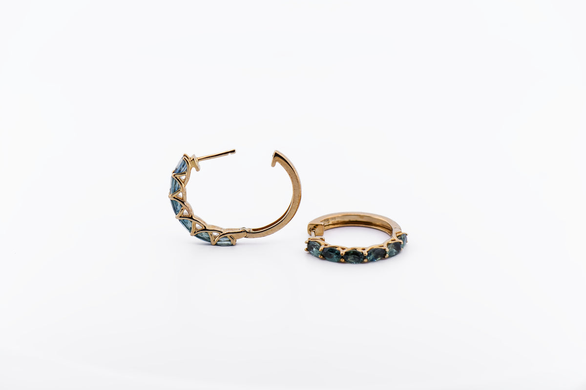 Teal Green Montana Sapphire Hoop Earrings in Yellow Gold