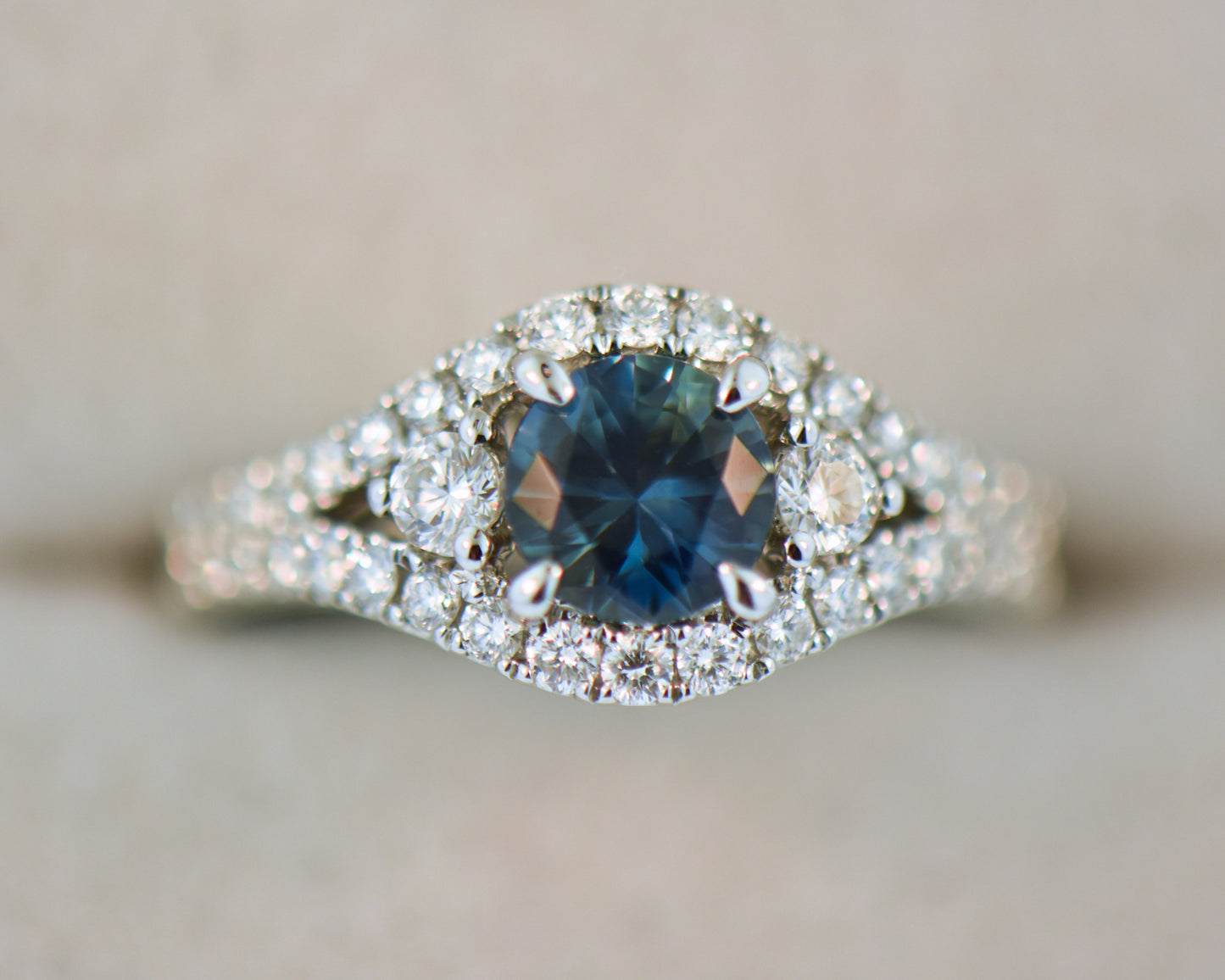 Round Teal Sapphire Ring with Diamond Accents