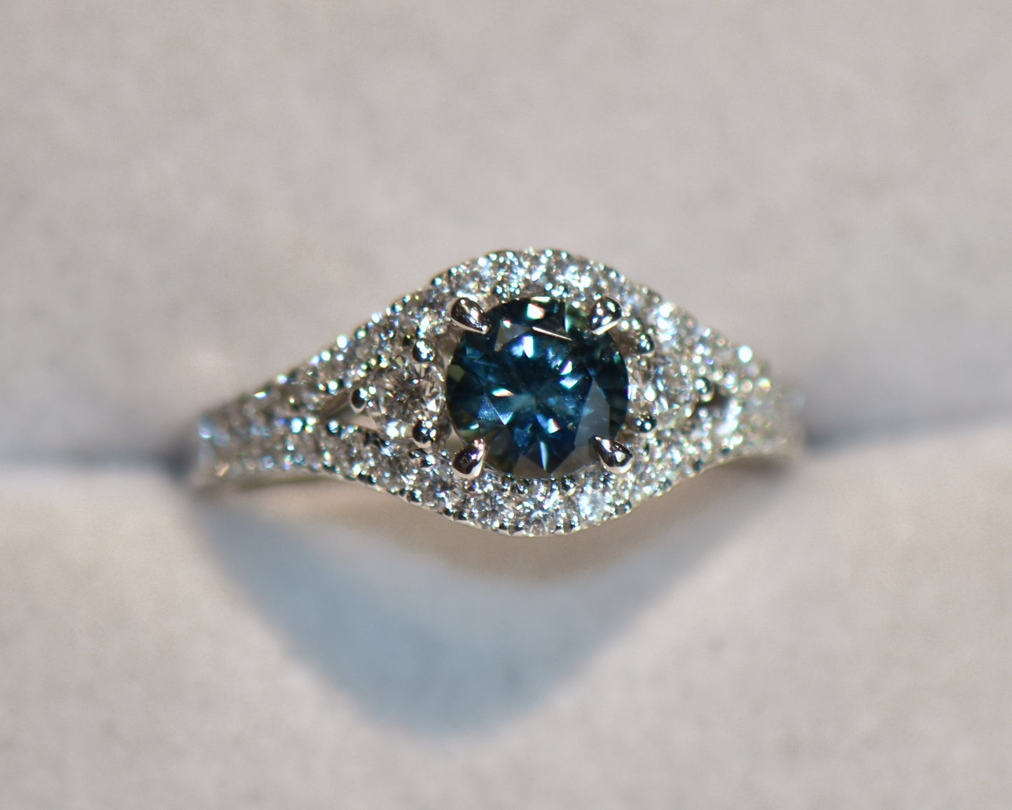 Round Teal Sapphire Ring with Diamond Accents