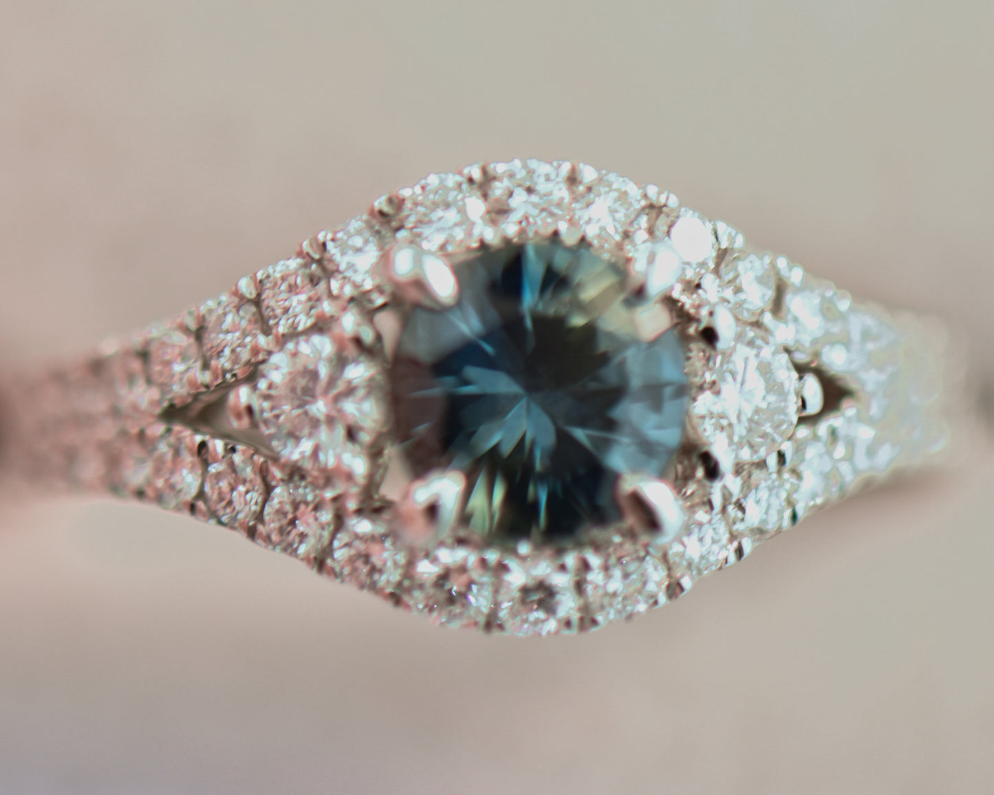 Round Teal Sapphire Ring with Diamond Accents