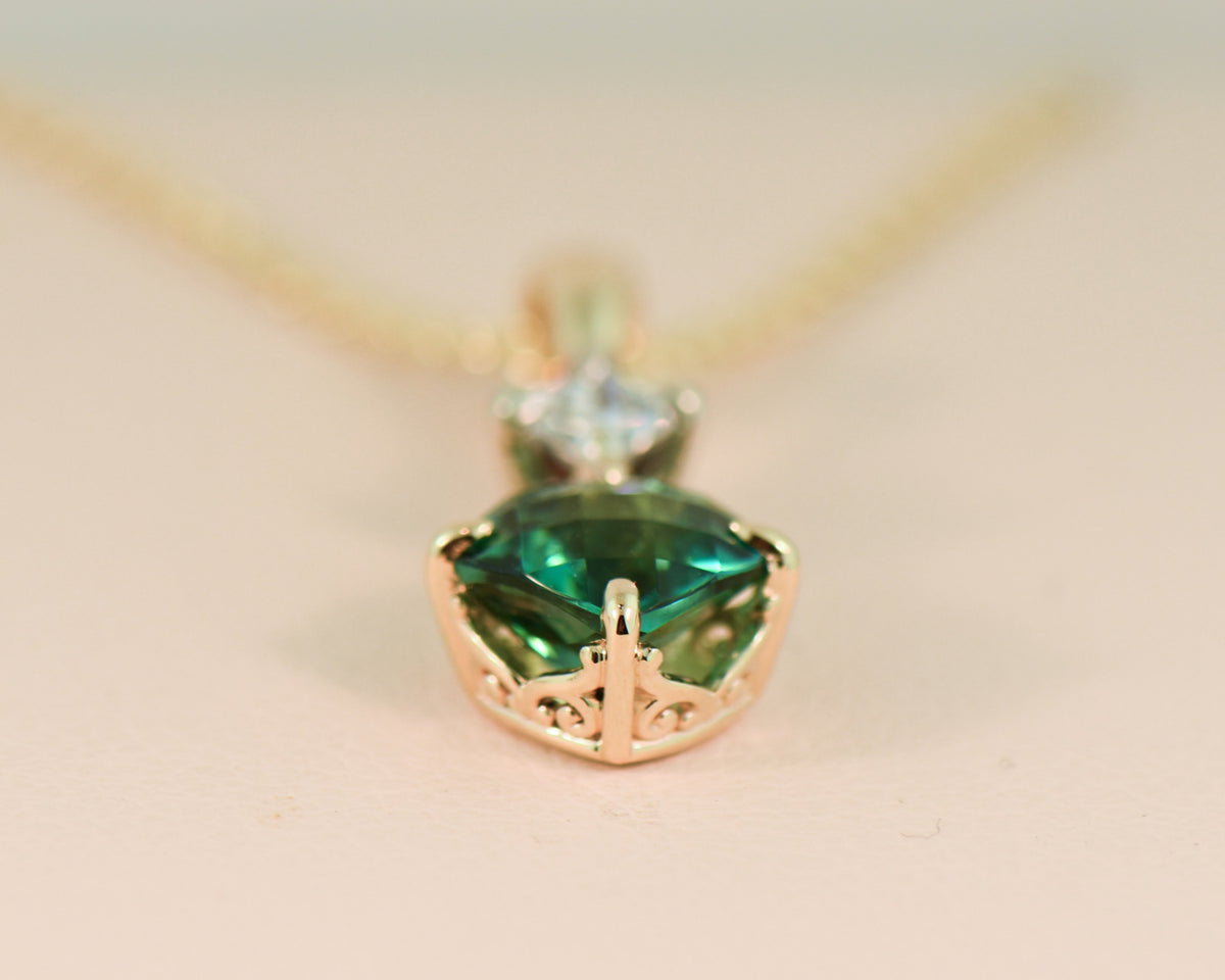 Teal Tourmaline & Diamond Pendant in Yellow Gold