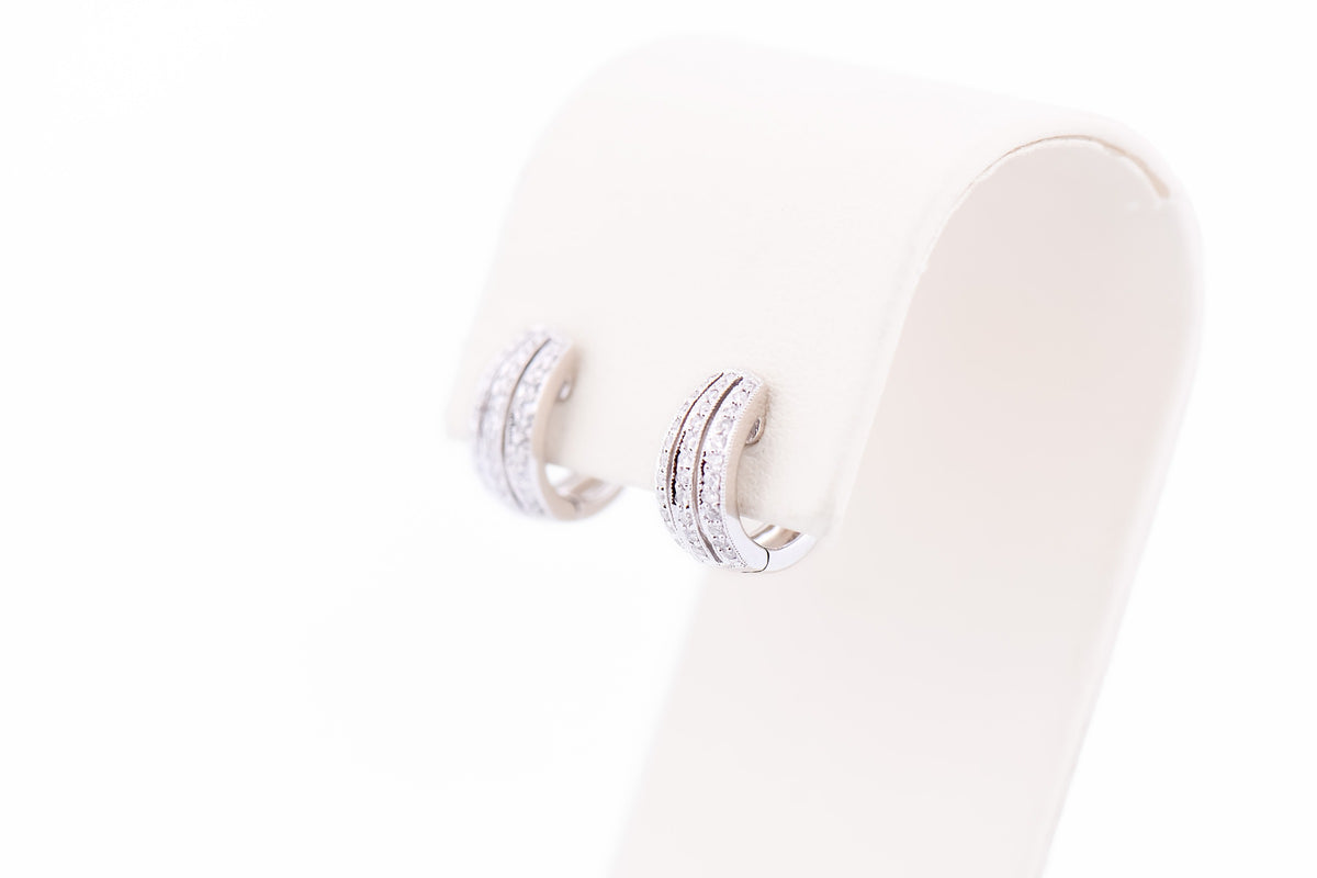 Three-Row Diamond Huggie Hoop Earrings in 18k White Gold