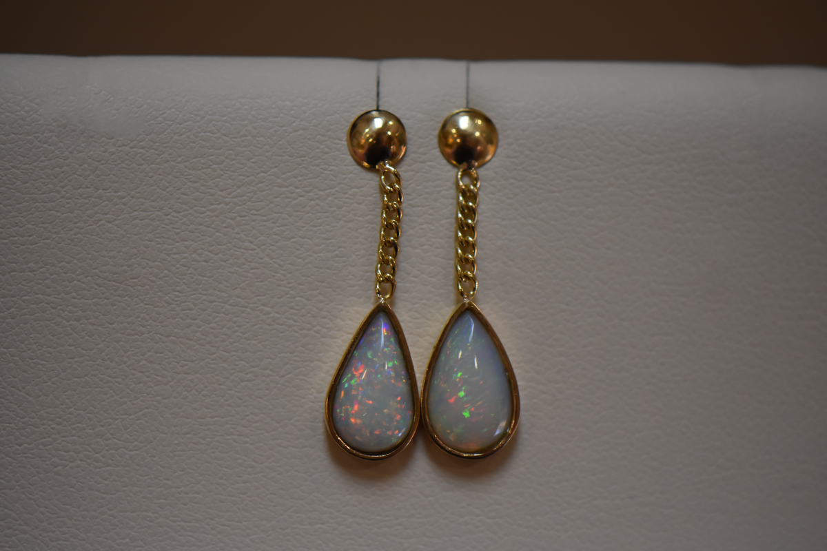 Top Quality Brazilian Opal Dangle Earrings in 14k Yellow Gold