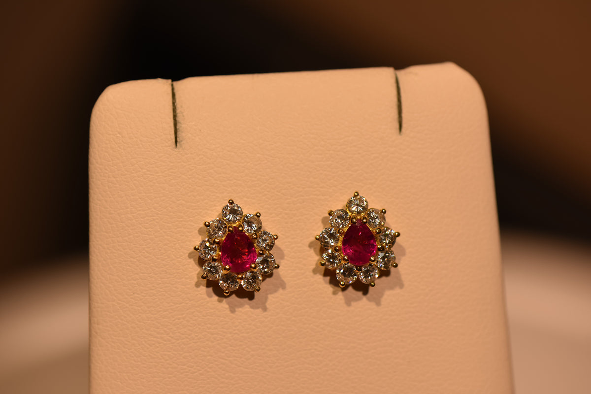 Top Quality Pear Shape Burmese Ruby & Diamond Halo Stud Earrings