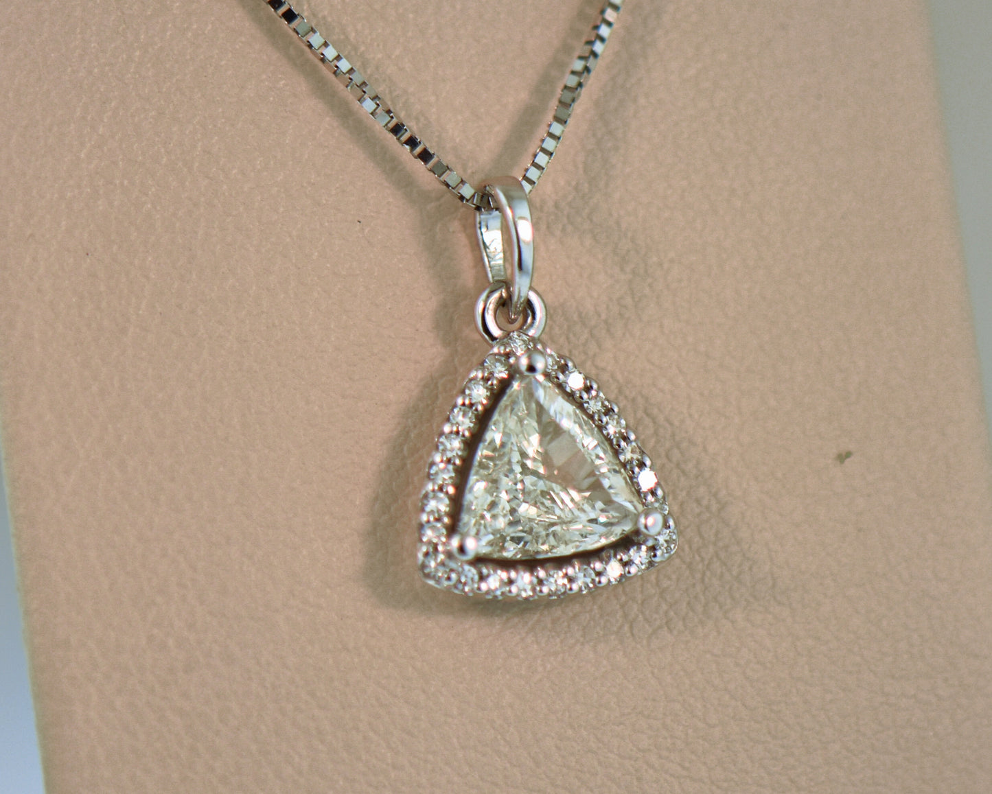 Custom Triangle Halo Pendant with 1ct Trilliant Diamond