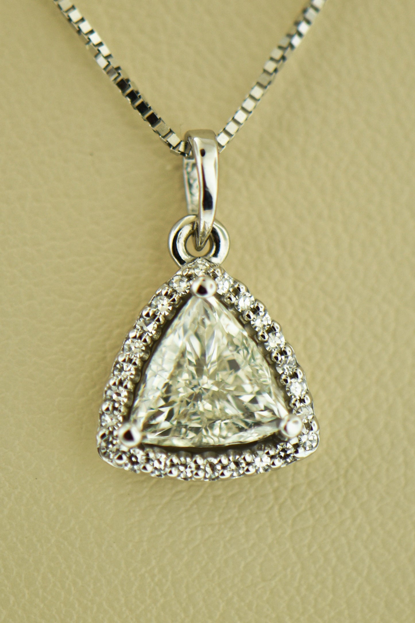 Custom Triangle Halo Pendant with 1ct Trilliant Diamond
