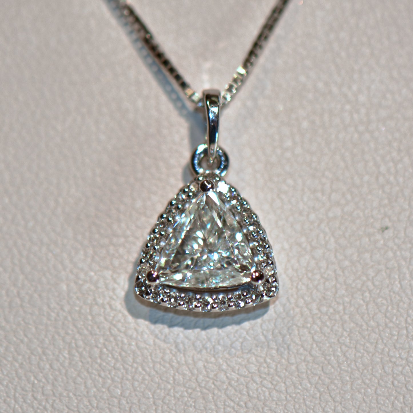 Custom Triangle Halo Pendant with 1ct Trilliant Diamond