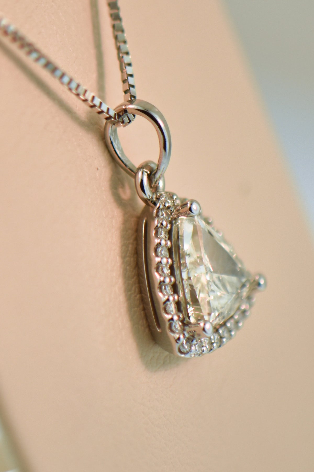 Custom Triangle Halo Pendant with 1ct Trilliant Diamond