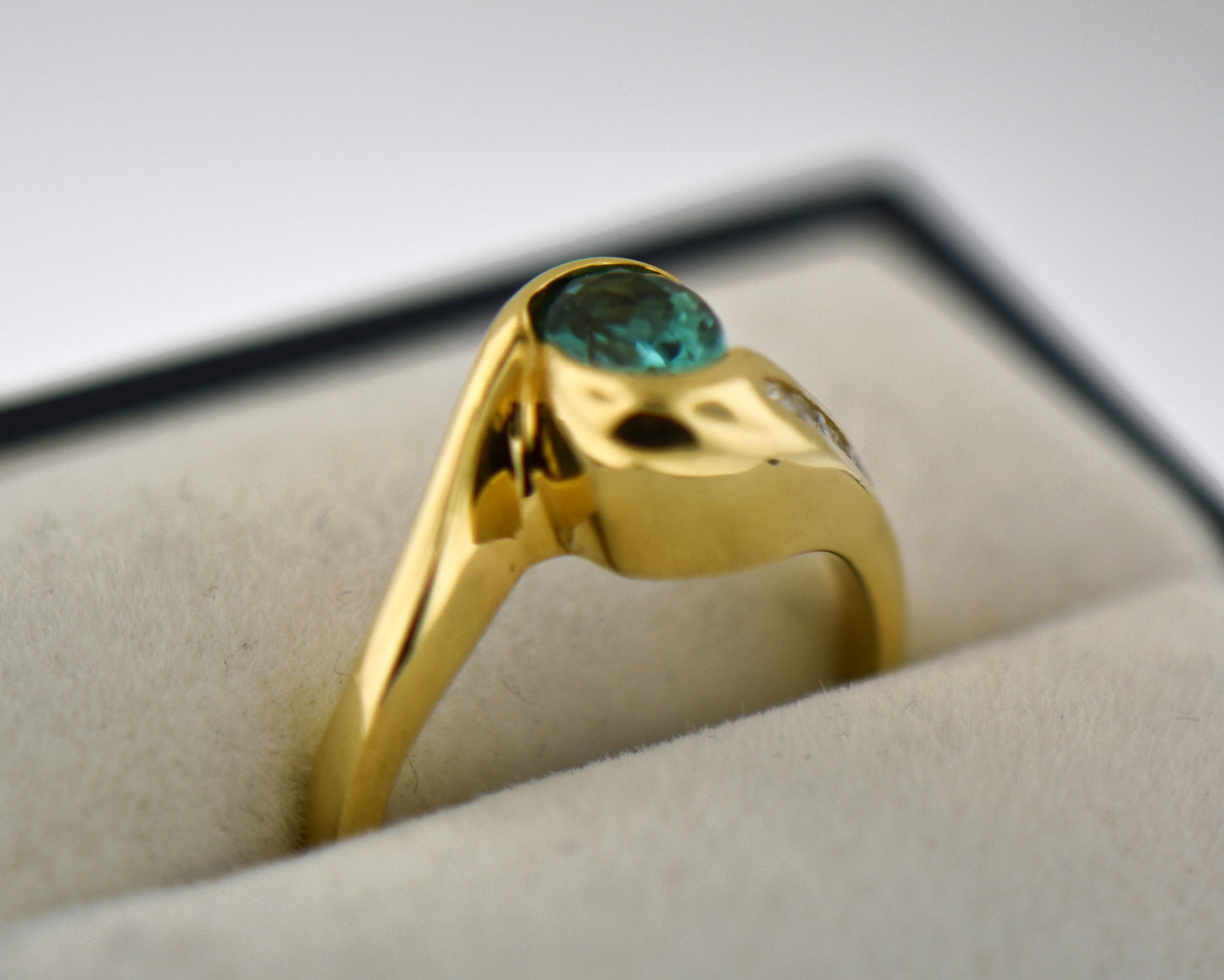 Custom 18k Gold Ring with Bezel Set Electric Teal Tourmaline