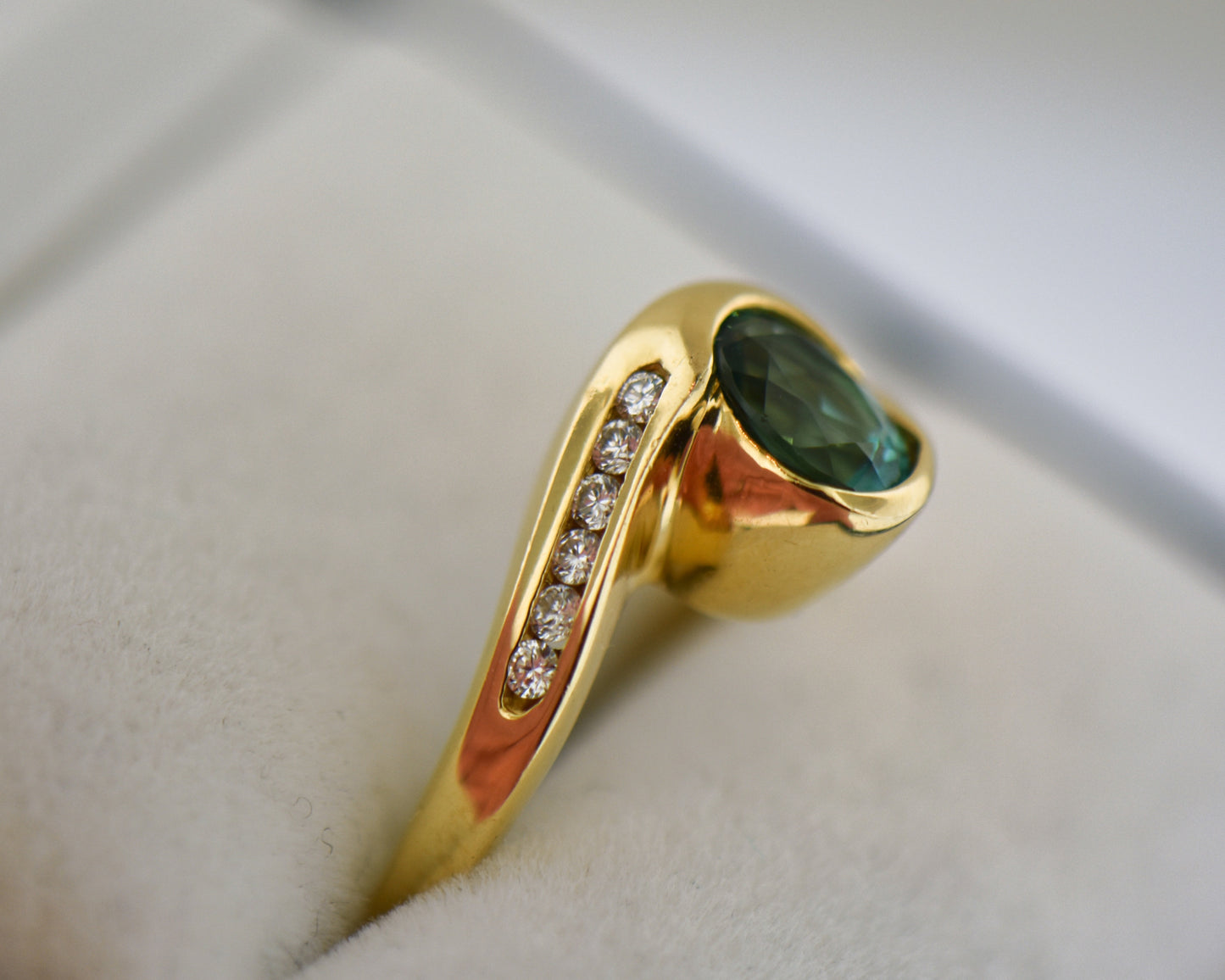 Custom 18k Gold Ring with Bezel Set Electric Teal Tourmaline