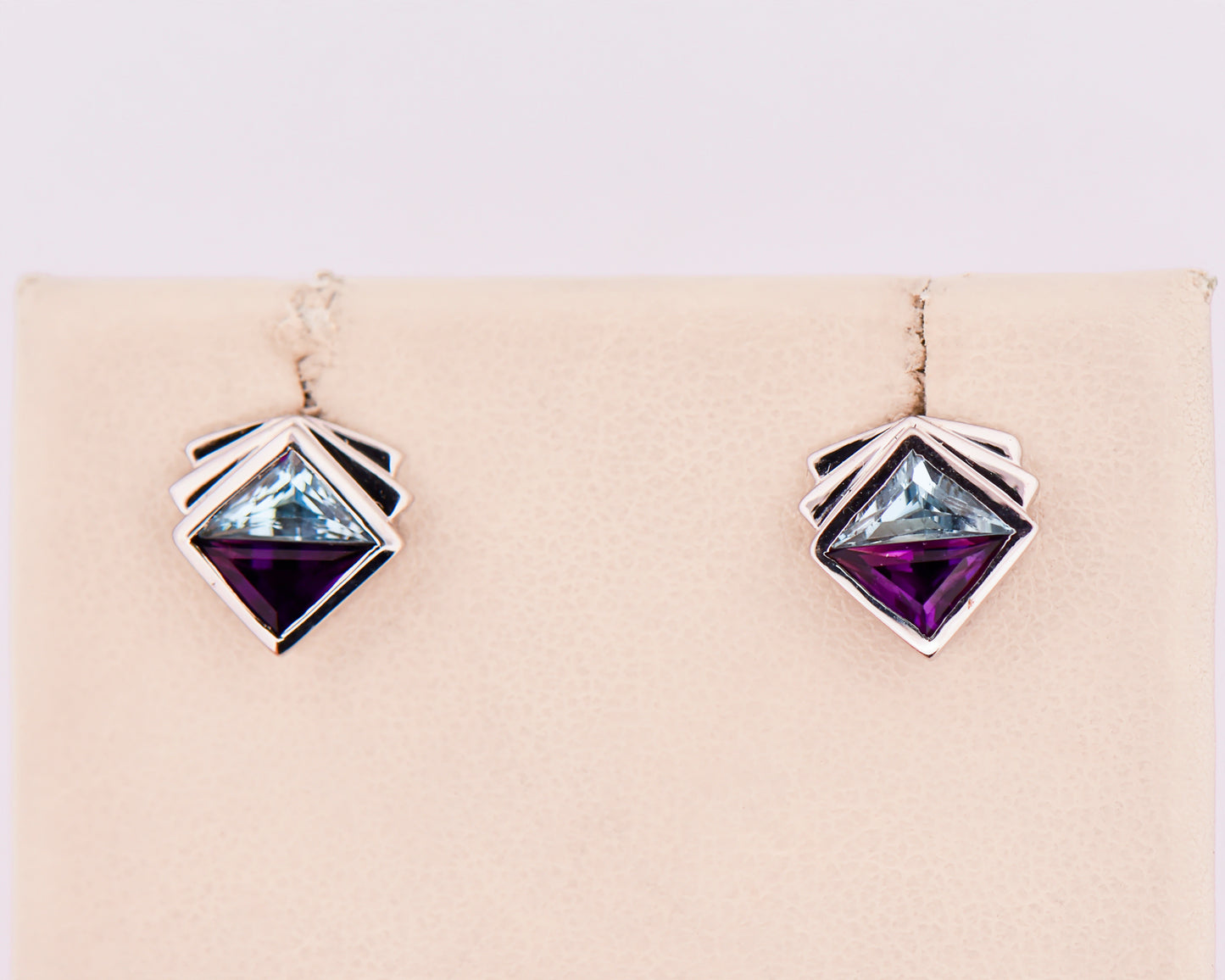 Geometric Amethyst & Blue Topaz Earrings in White Gold