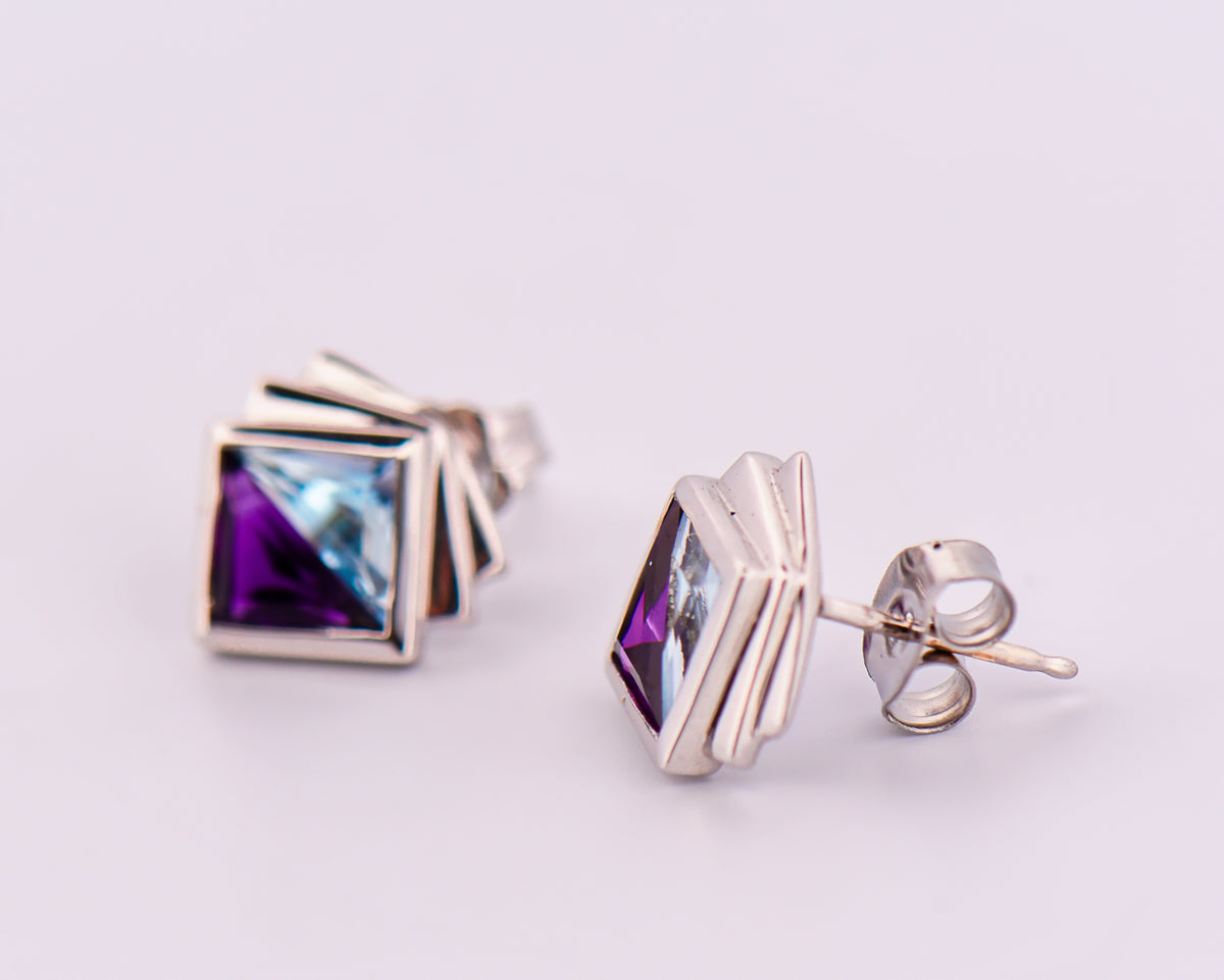 Geometric Amethyst & Blue Topaz Earrings in White Gold