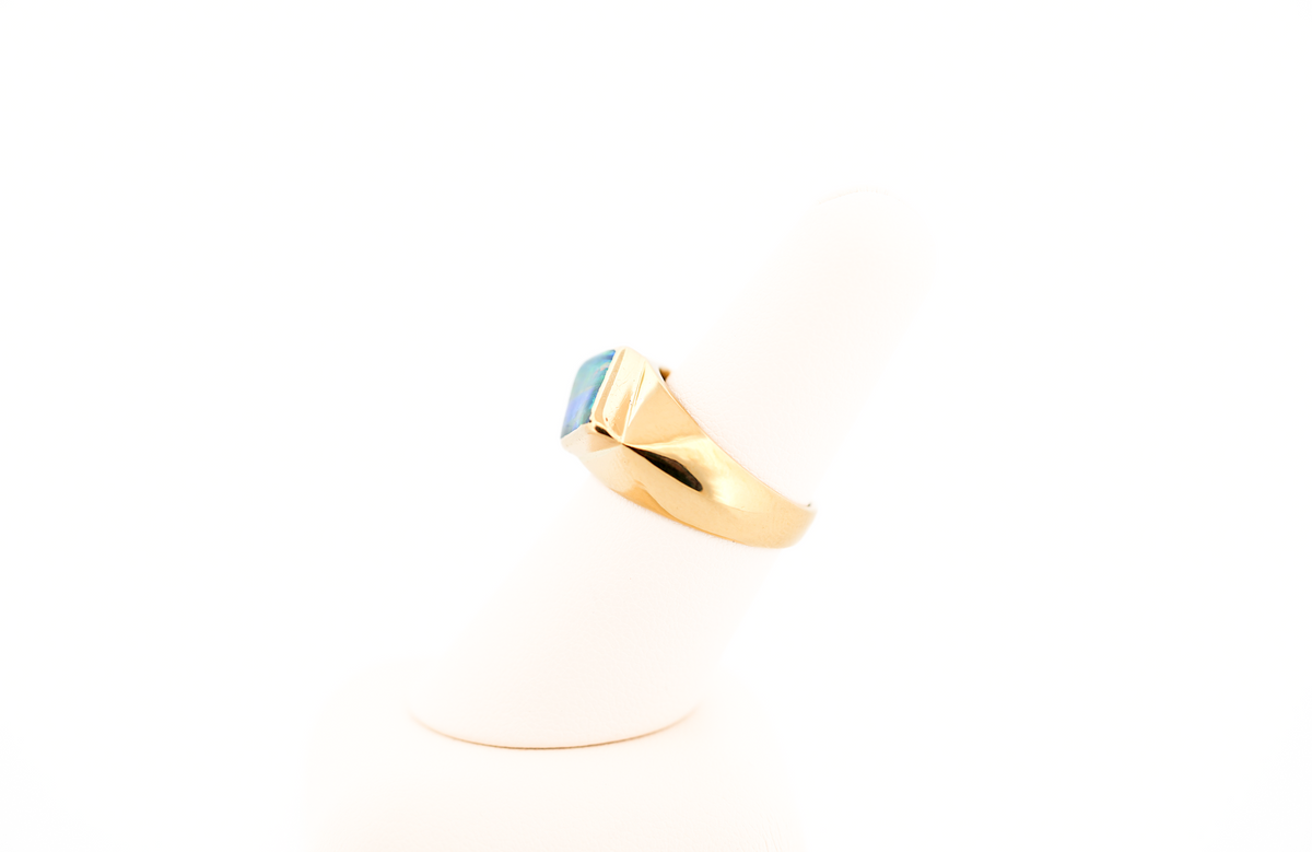 Unisex Australian Boulder Opal Ring Bezel Set in Yellow Gold - Neon Stripes of Color