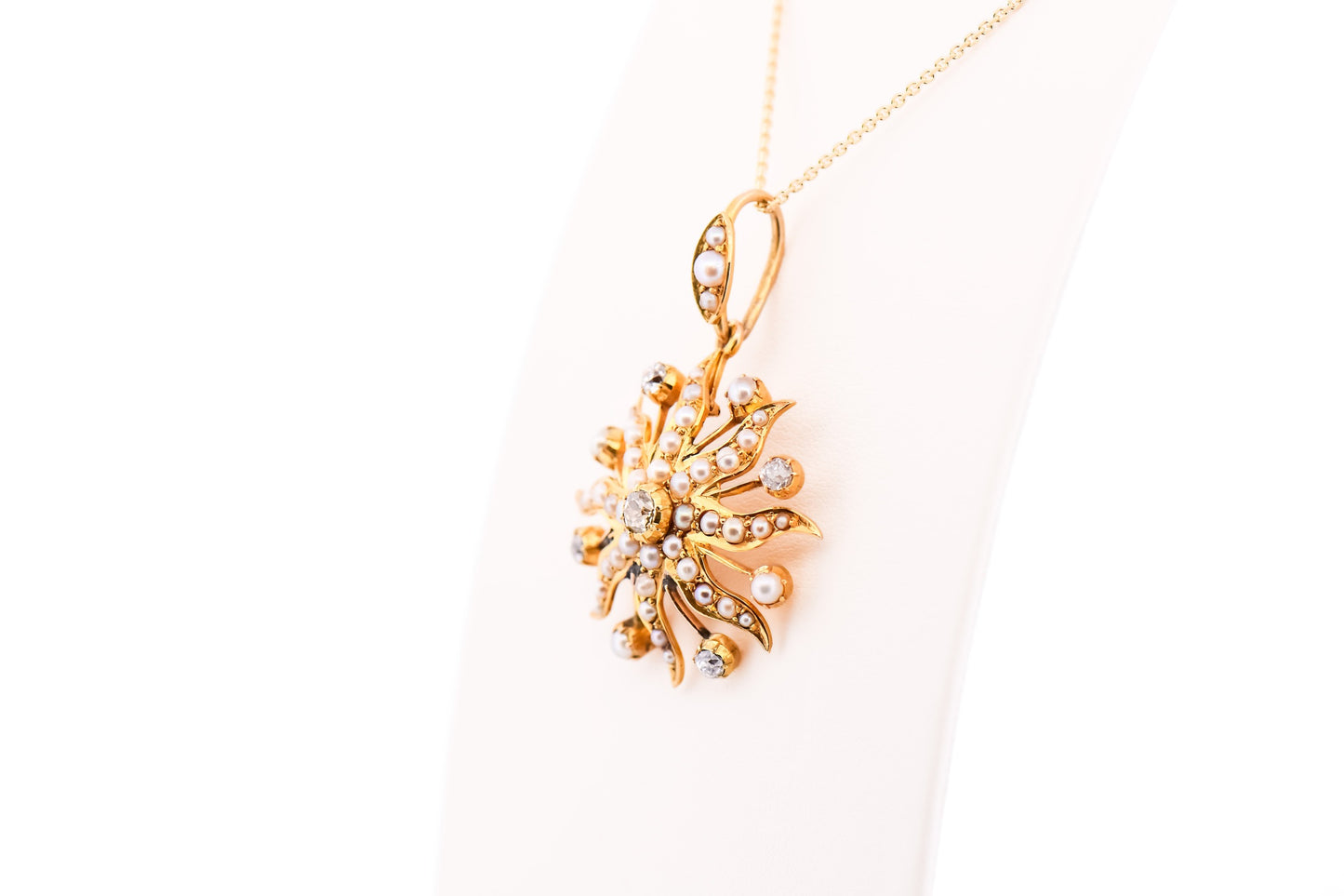 Victorian 18k Yellow Gold Sunburst Pendant with Mine Cut Diamonds & Pearls