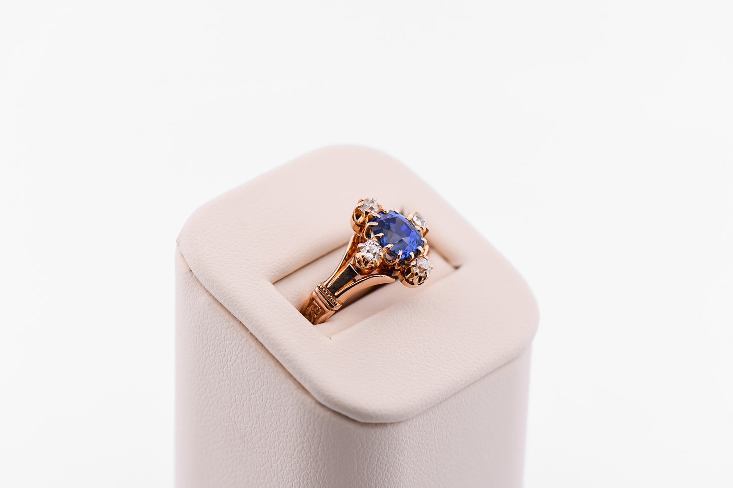Victorian Blue Sapphire & Diamond Engagement Ring in Rosy Yellow Gold