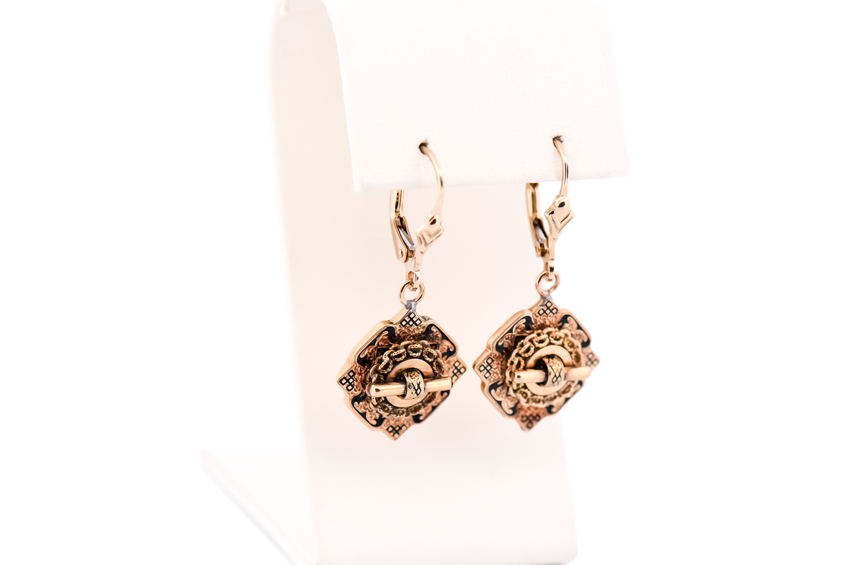 Victorian Gold Dangle Earrings with Black Enamel Accents - Taille de Epargne