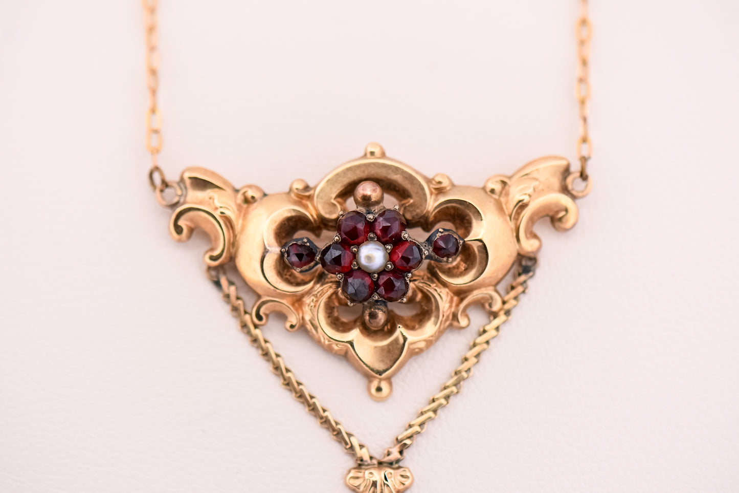 Victorian Rose Cut Garnet & Pearl Necklace in 9k/14k Gold