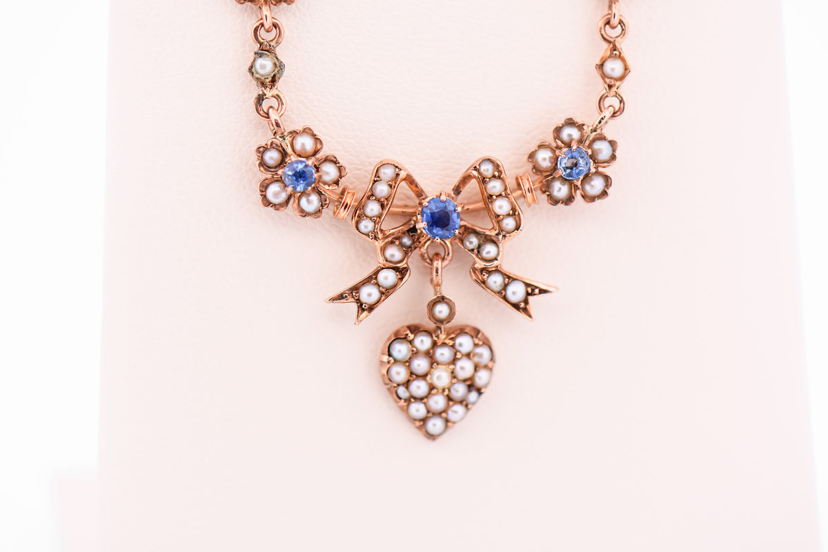 Victorian Sweetheart Necklace with Seed Pearl Heart & Sapphires in Rose Gold