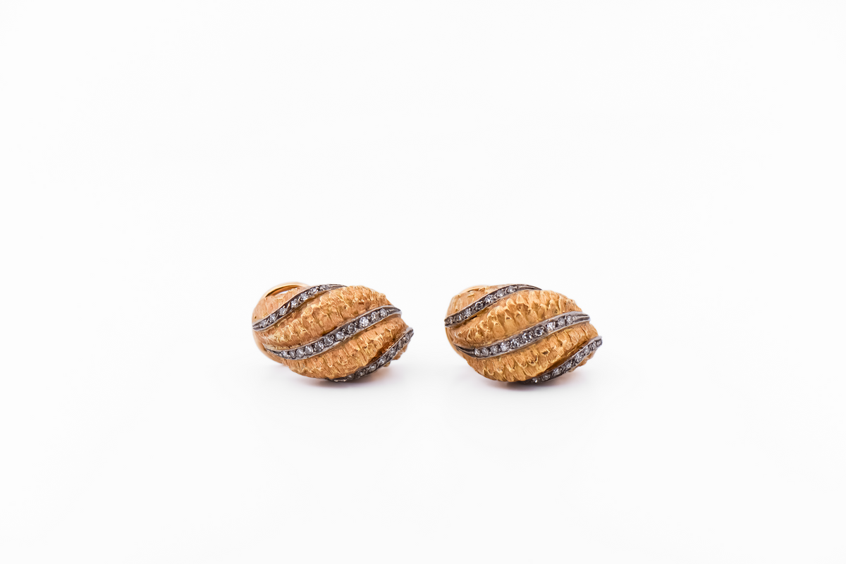 Vintage 18k Yellow Gold, Platinum & Diamond Shell Ear Clips by David Webb