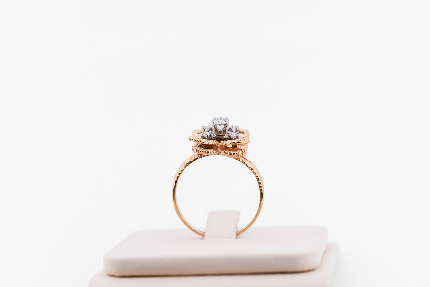 1960s Modernist Diamond Flower Ring in Textured 14k Yellow Gold