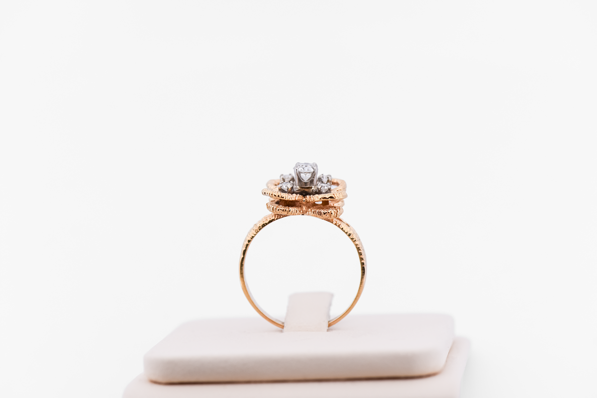 1960s Modernist Diamond Flower Ring in Textured 14k Yellow Gold