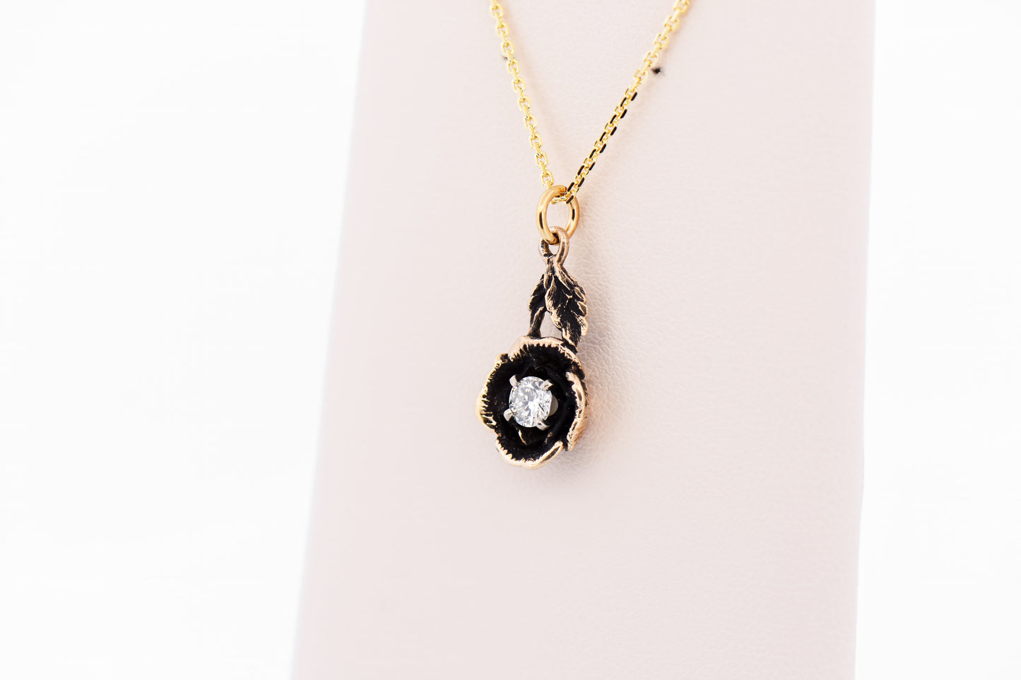 Vintage 1970s Carved Rose Flower Pendant with Diamond Center & Black Antiqued Gold