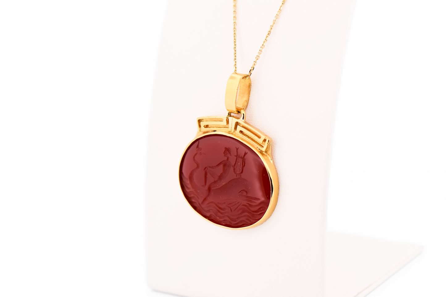Vintage Carved Carnelian Pendant in 18k Gold - Apollo with Dolphin and Lyre