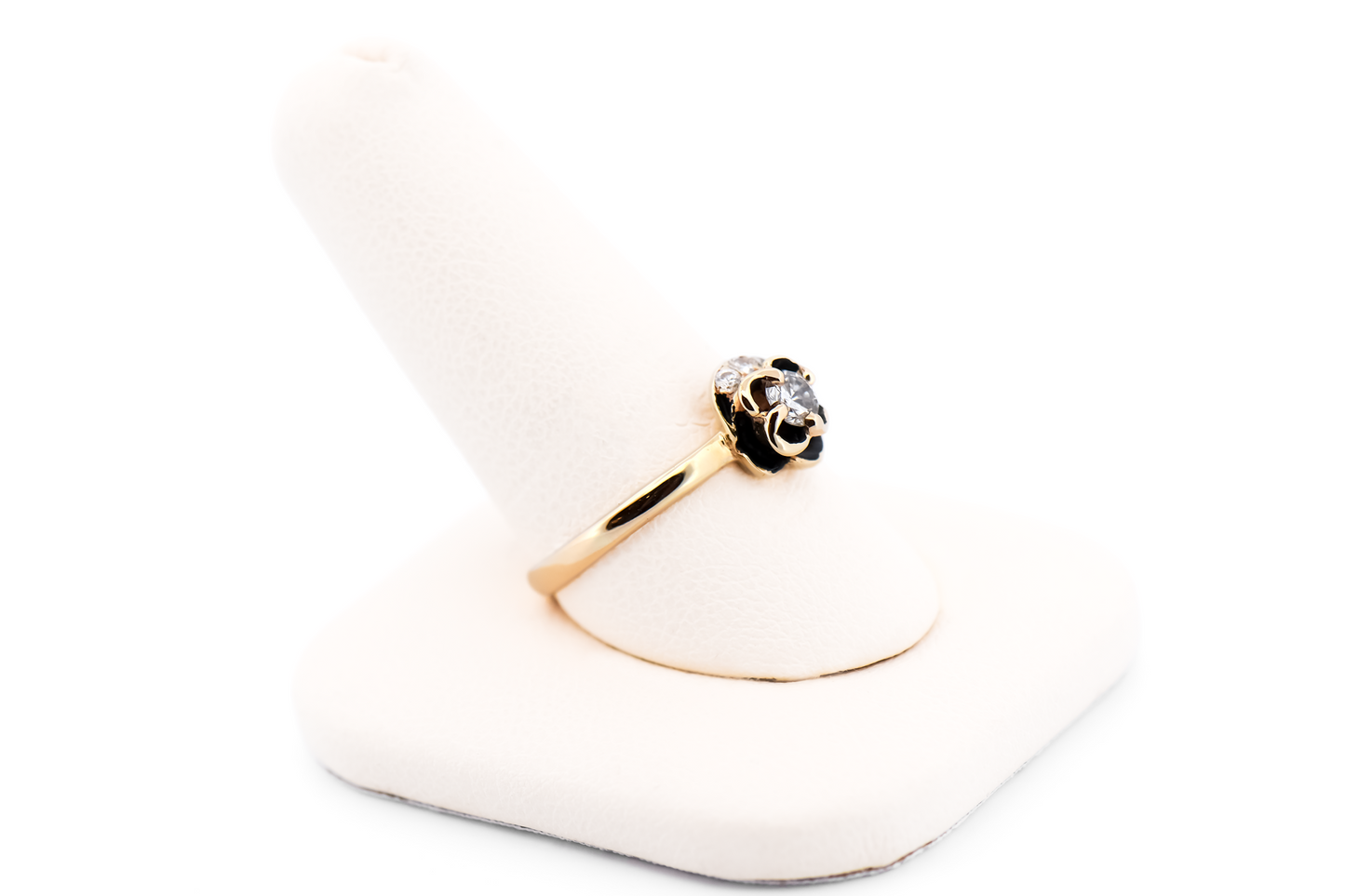 Vintage Carved Rose Ring with Diamonds & Black Antiquing in Yellow Gold