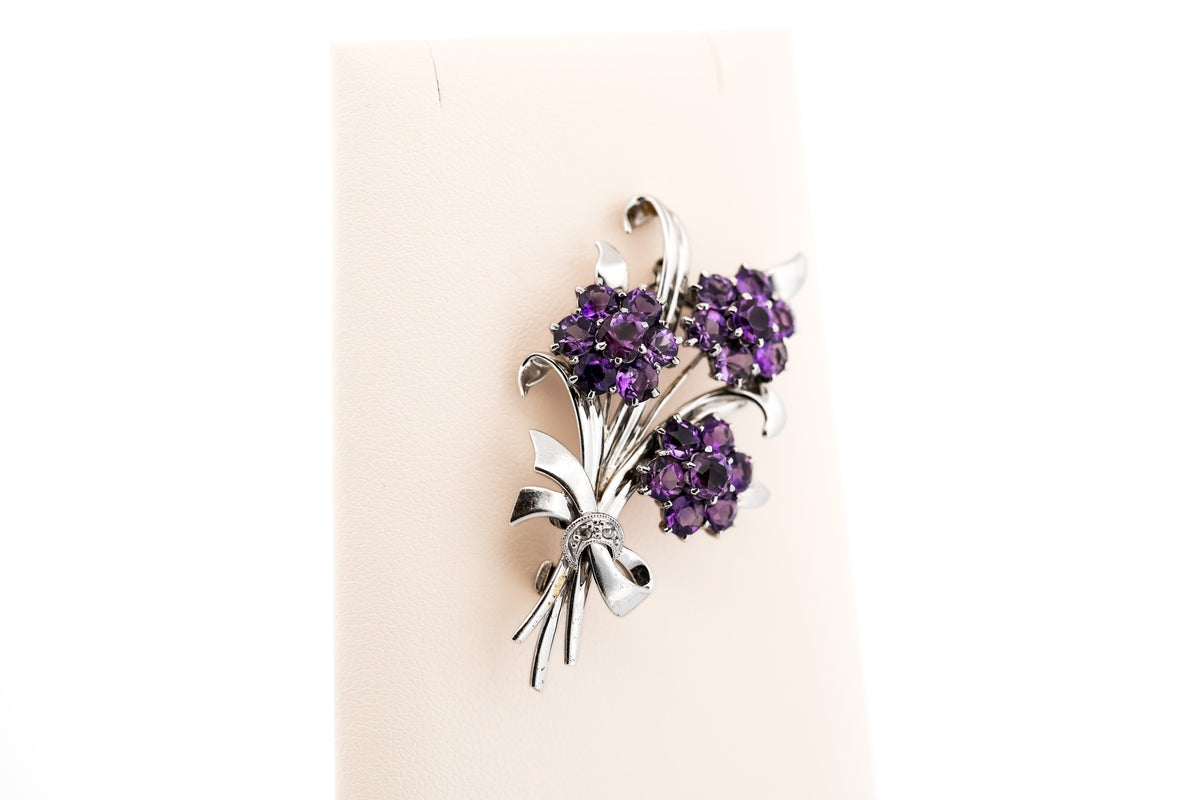 Vintage Floral Spray Brooch with Amethyst Clusters in 9ct & Platinum