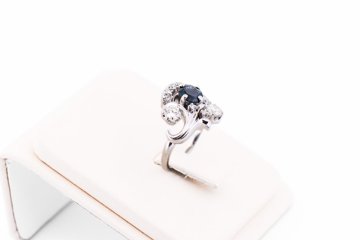 Vintage Freeform Platinum Ring with Teal Sapphire & Old European Cut Diamonds