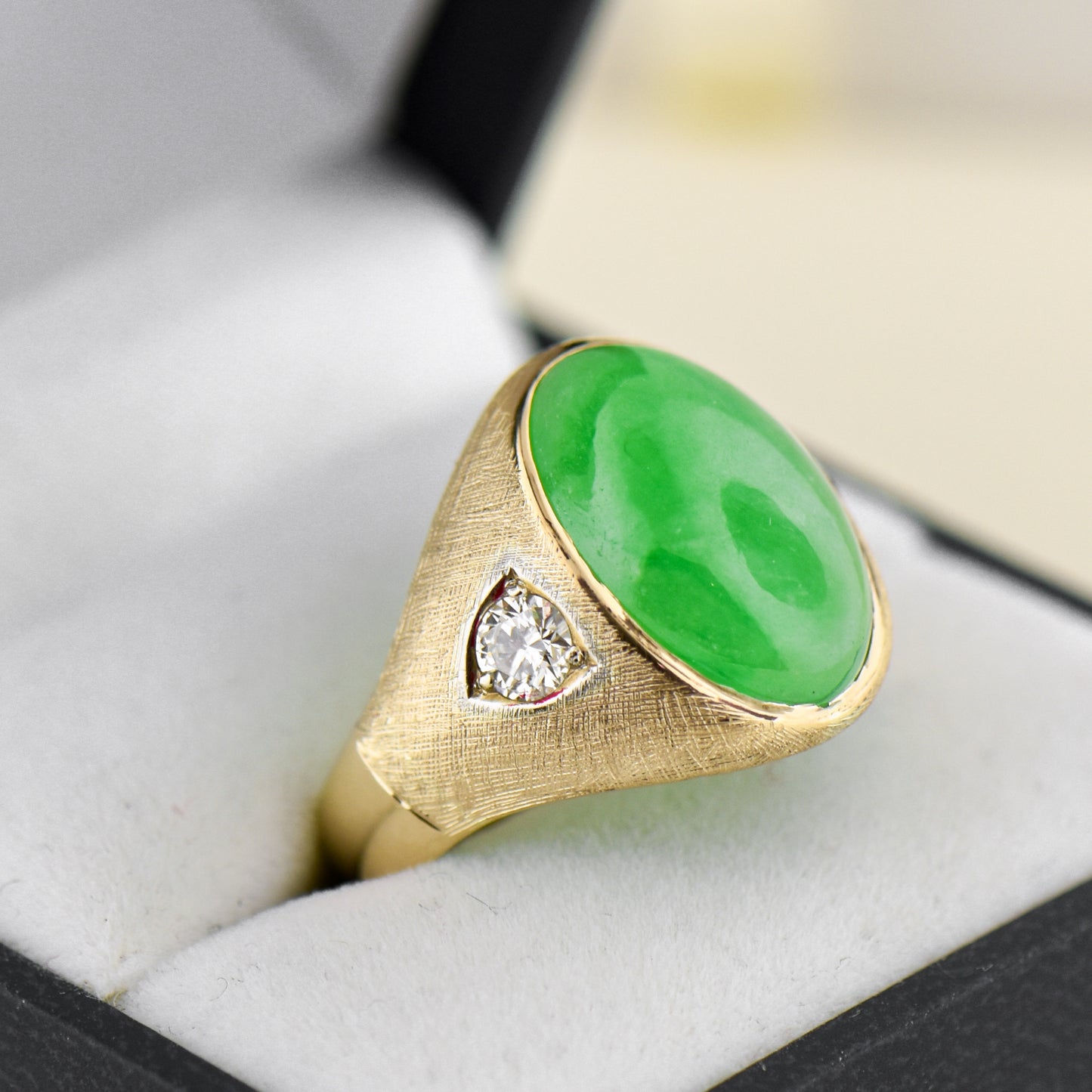 Vintage Green Jadeite Jade & Diamond Gent's Ring