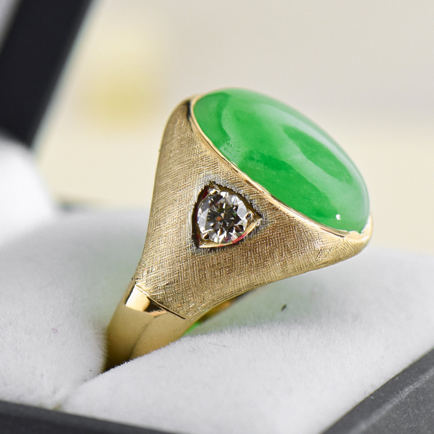 Vintage Green Jadeite Jade & Diamond Gent's Ring
