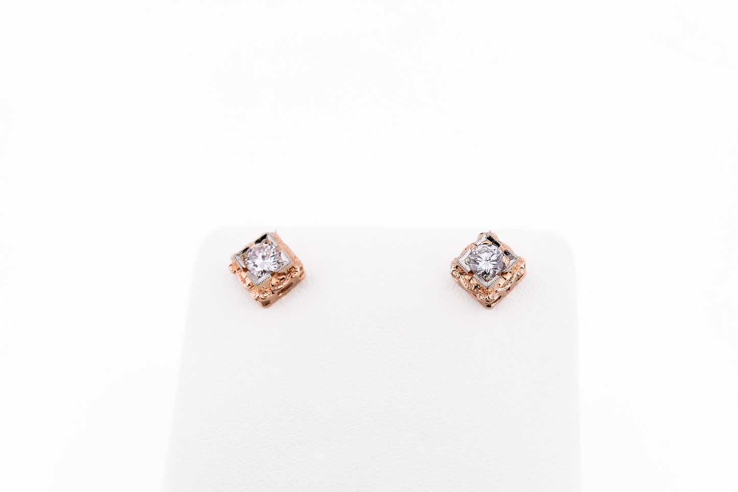 Vintage Illusion-Set Diamond Stud Earrings in Two-Tone Gold with Screw Backs