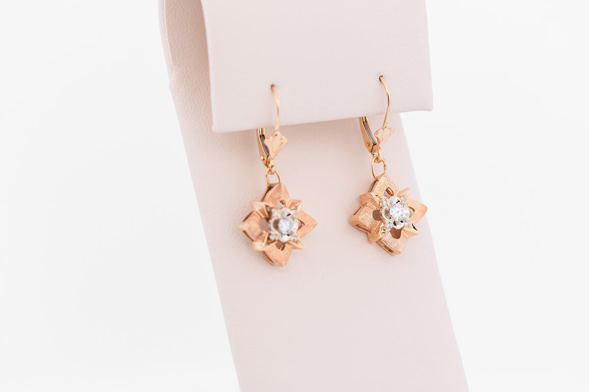 Vintage Illusion-set Dangly Diamond Earrings in Two Tone Gold