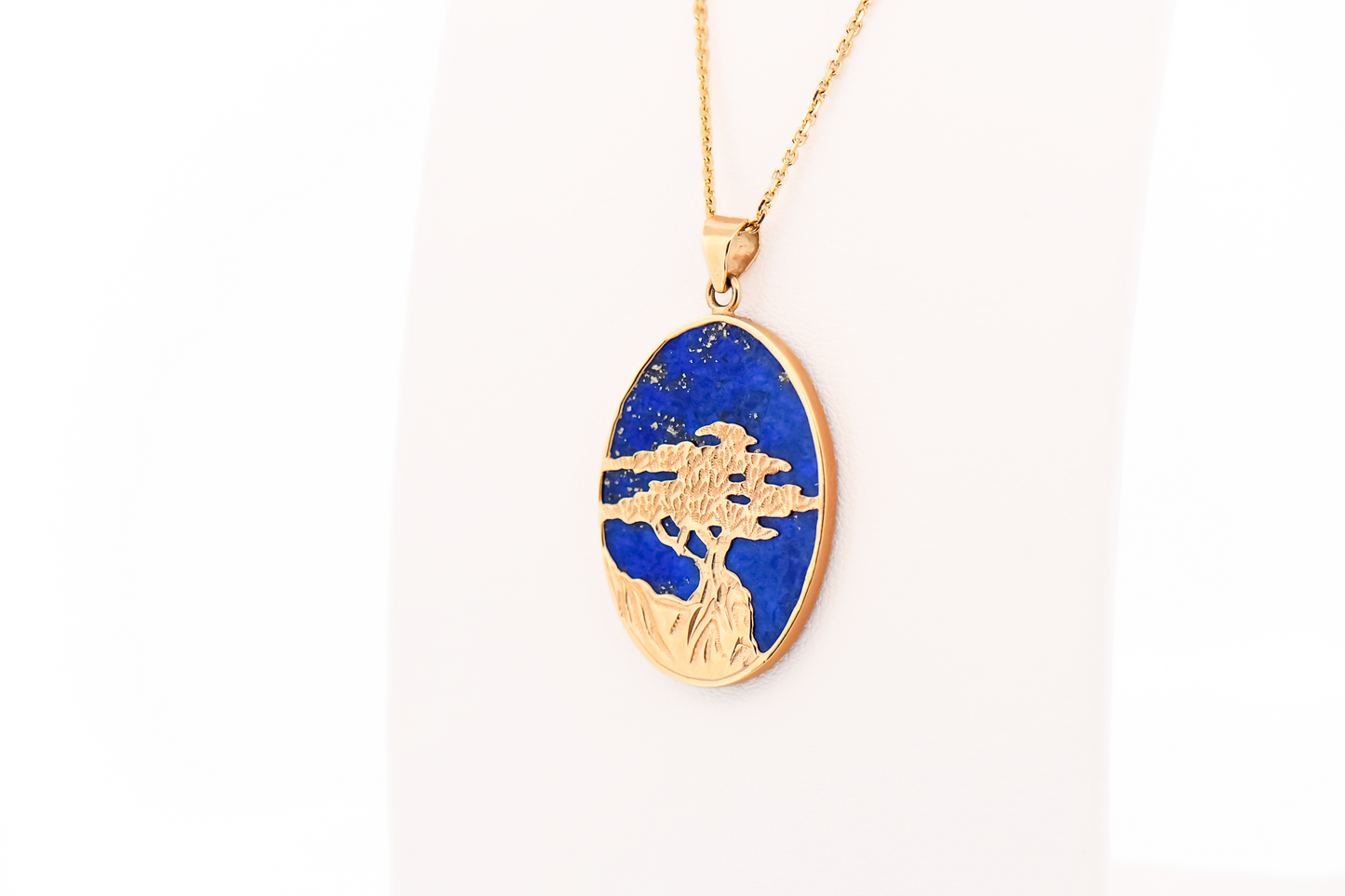 Vintage Lone Cypress Tree Pendant - Oval Lapis with Gold Overlay