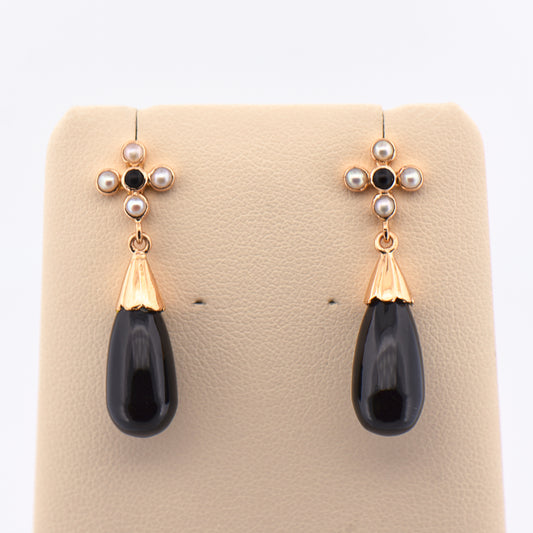 Vintage Onyx & Pearl Dangle Earrings in 14k Rose Gold