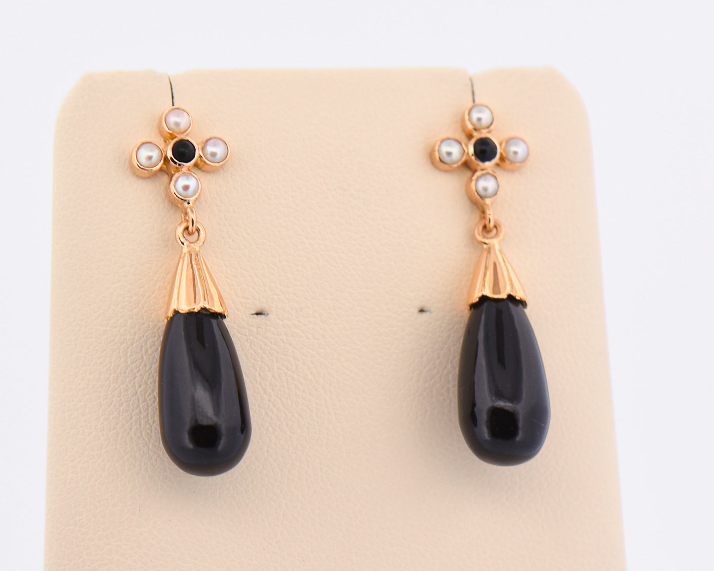 Vintage Onyx & Pearl Dangle Earrings in 14k Rose Gold