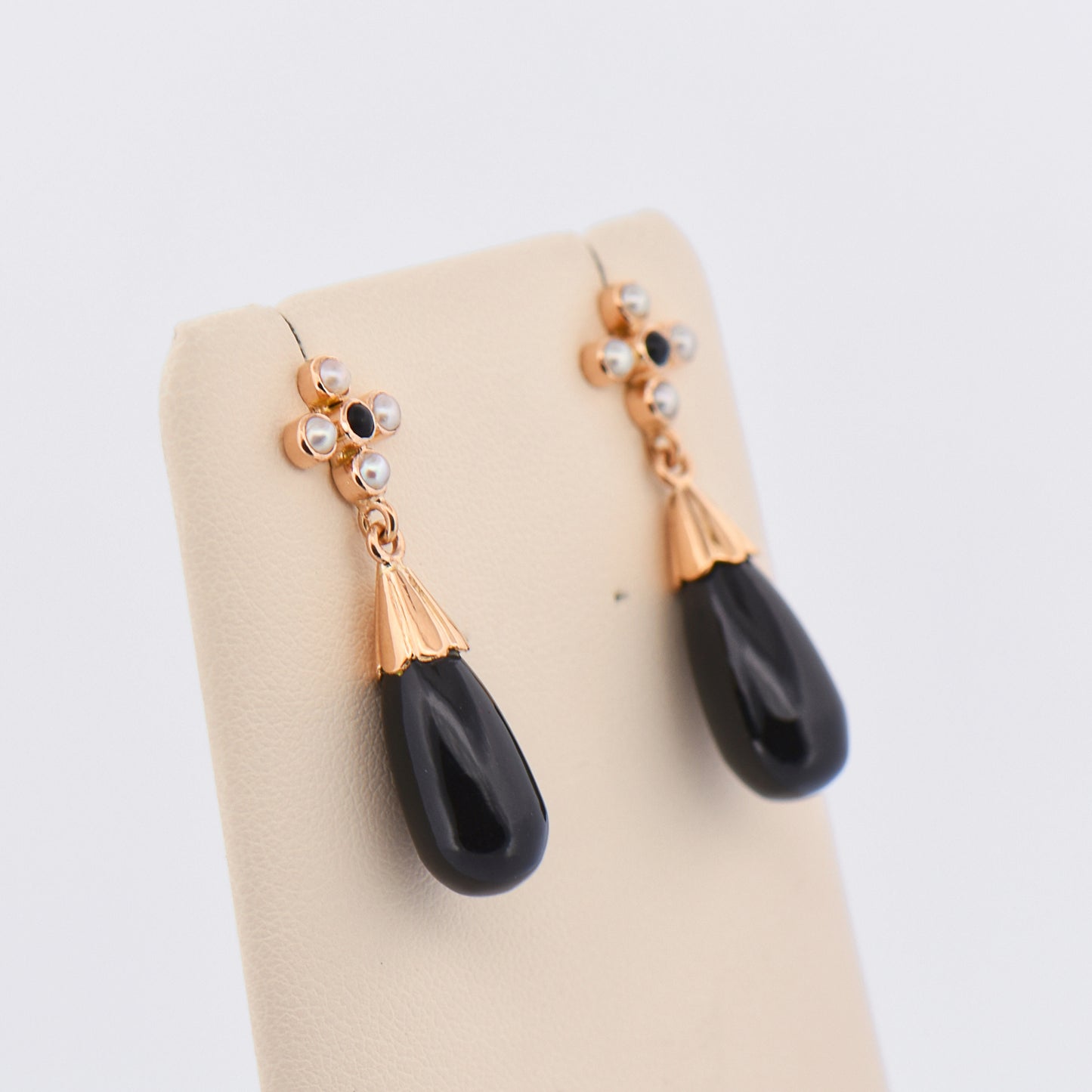 Vintage Onyx & Pearl Dangle Earrings in 14k Rose Gold