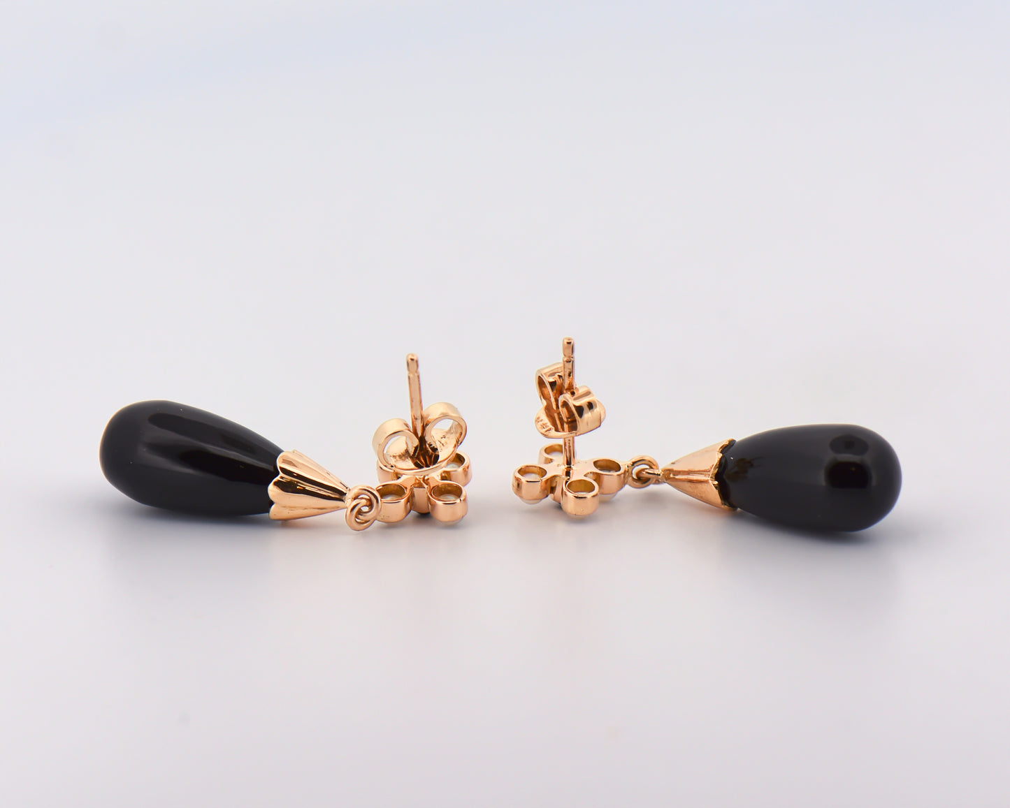 Vintage Onyx & Pearl Dangle Earrings in 14k Rose Gold