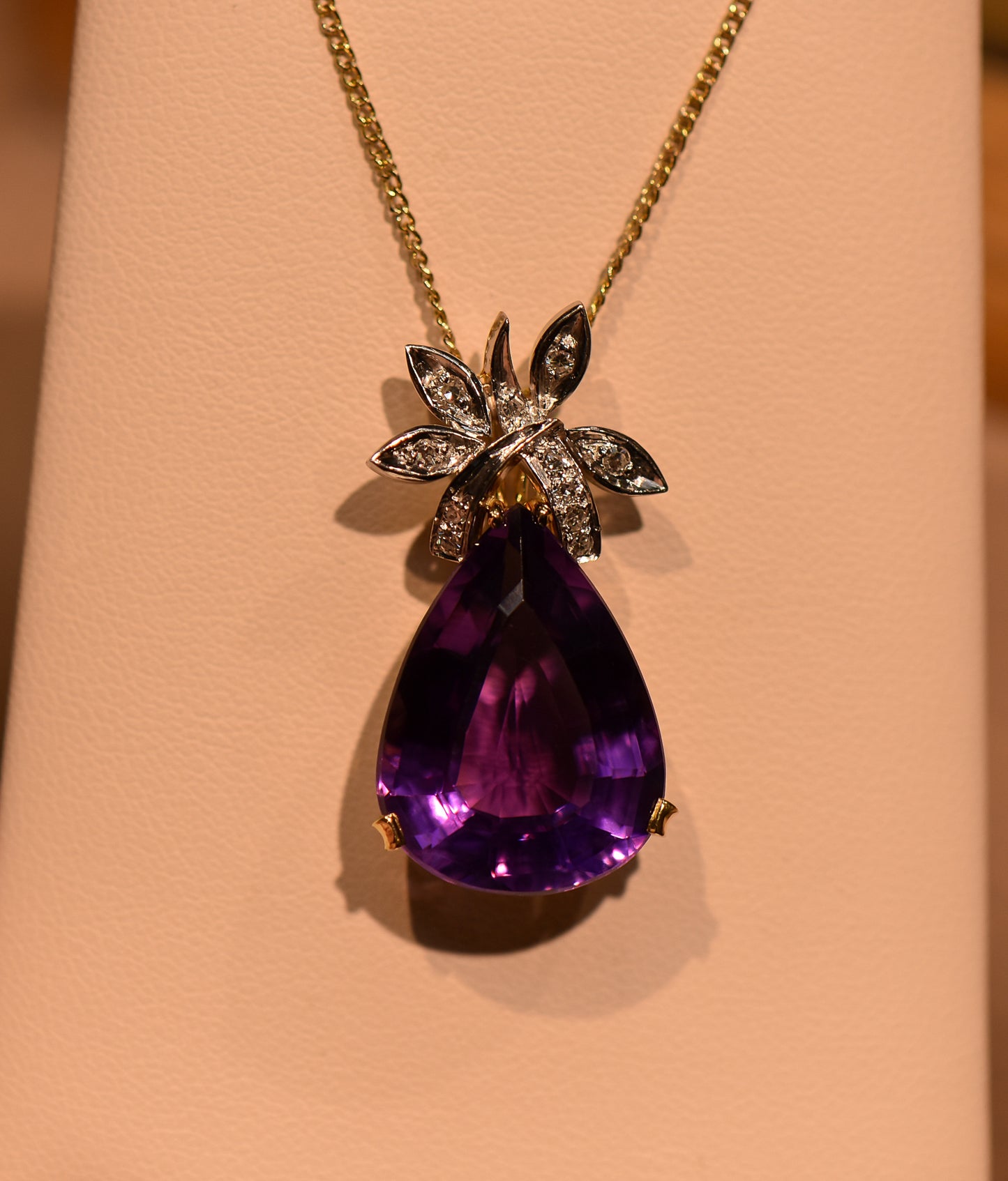 Vintage Pear Shaped Amethyst & Diamond Pendant in 18k Gold