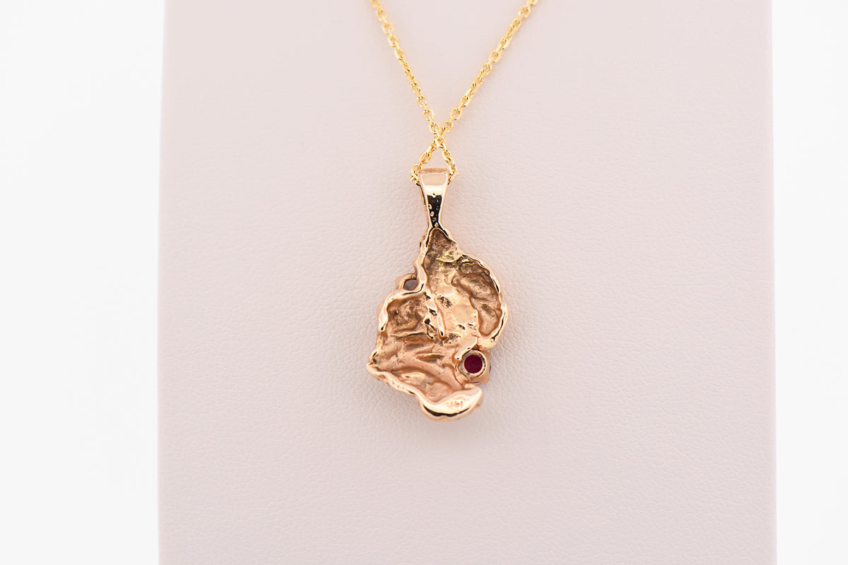 Vintage Poured 14k Gold Nugget Pendant with Ruby & Diamond
