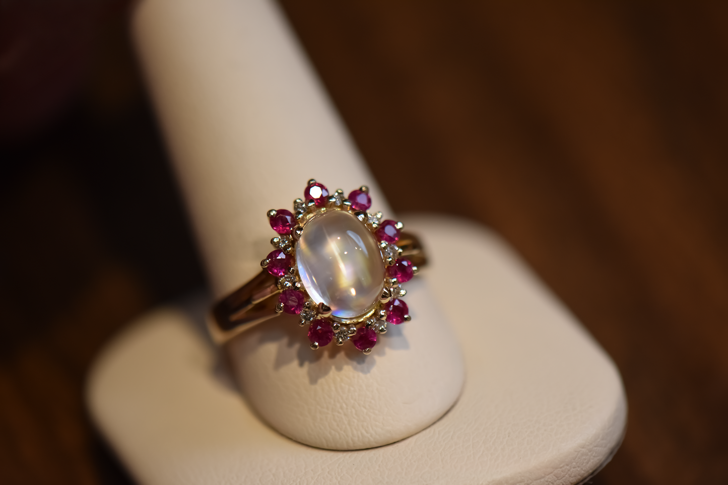 Vintage Rainbow Moonstone Ring with Ruby & Diamond Halo
