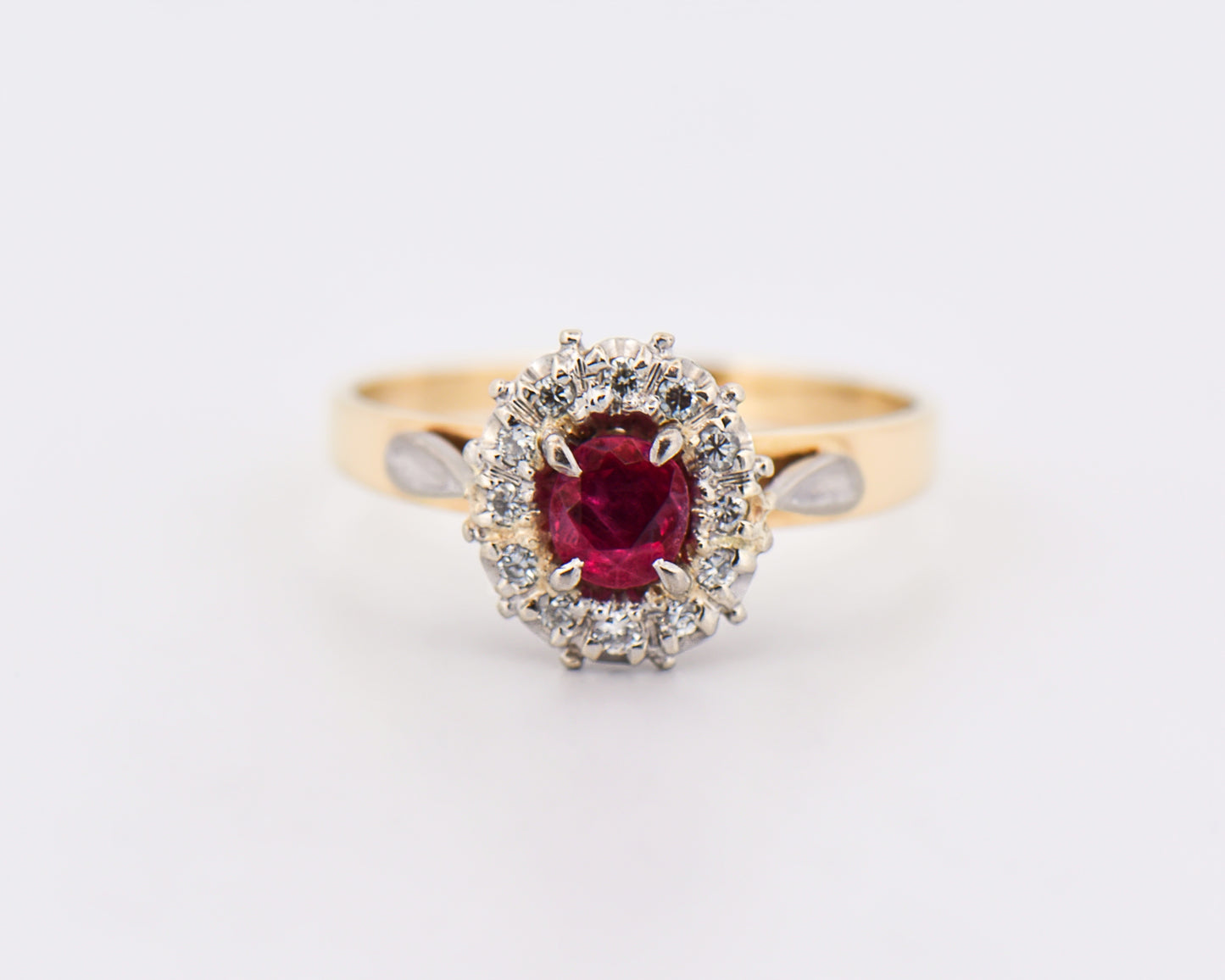 Vintage Ruby & Diamond Halo Engagement Ring in 18k Gold