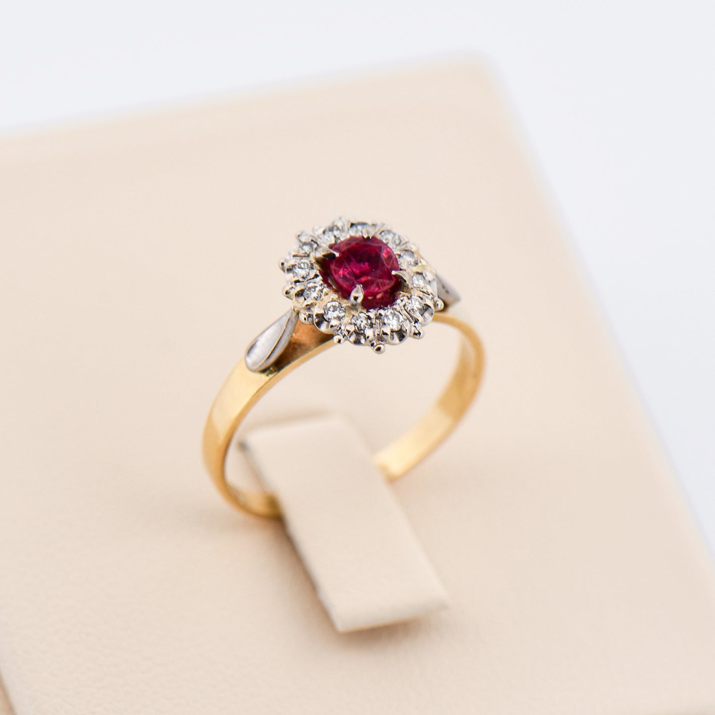 Vintage Ruby & Diamond Halo Engagement Ring in 18k Gold